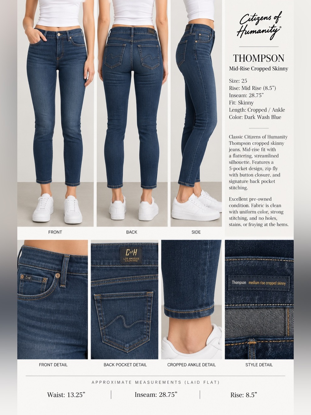 Citizens of Humanity Thompson Mid Rise Cropped Skinny Jeans Dark Wash 25